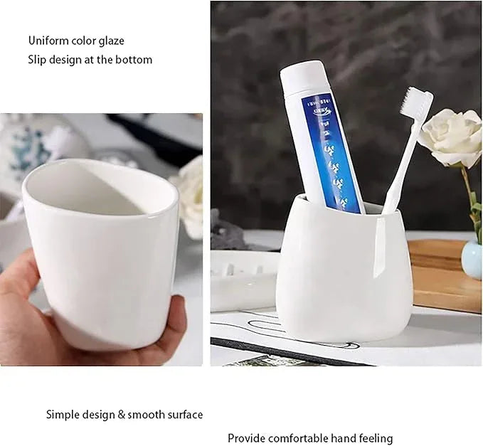 BLBYHO White Ceramic Bathroom Accessory Set, Bathroom Vanity Countertop Set, Bathroom Soap Dispenser and Toothbrush Holder Set Complete, 2 Tumbler Cup, Soap Dish, 5 Pieces - ModernBath