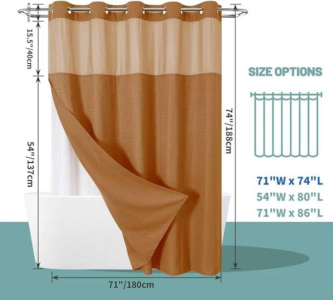 eachope BurntOrange No Hook Waffle Weave Shower Curtain with snap-in Liner Replacement, 230GSM Waterproof Fabric Hotel Shower Curtain Set for Bathroom, Through Mesh Top Window,71Wx74H - ModernBath