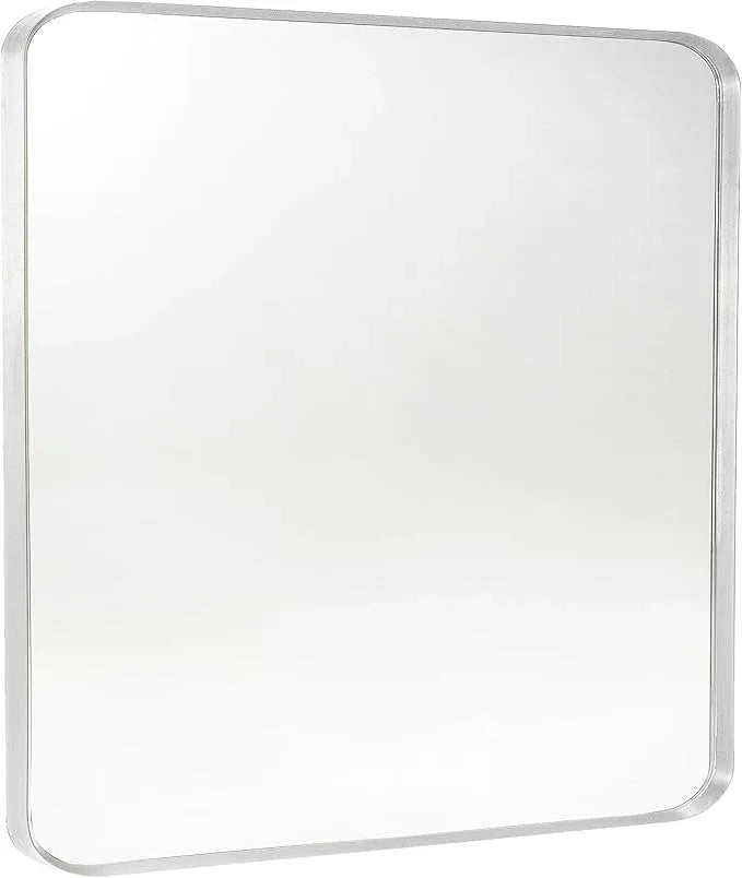 Minuover Silver Metal Framed Bathroom Mirror for Wall, Brushed Nickel Rounded Corner Rectangular Bathroom Vanity Mirror, Anti-Rust, Tempered Glass (30" x 36", Silver) - ModernBath