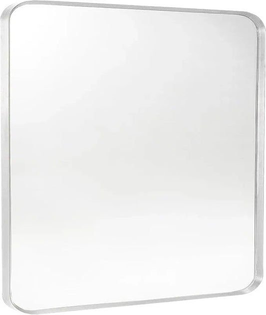 Minuover Silver Metal Framed Bathroom Mirror for Wall, Brushed Nickel Rounded Corner Rectangular Bathroom Vanity Mirror, Anti-Rust, Tempered Glass (30" x 36", Silver) - ModernBath