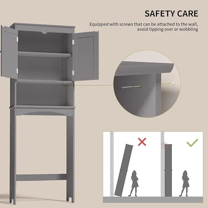 Gizoon Over The Toilet Storage Cabinet with Adjustable Shelf and Double Doors, Bathroom Space Saver Organizer Above Toilet with Open Shelf, Taller Wooden Free Standing Toilet Rack -Grey - ModernBath
