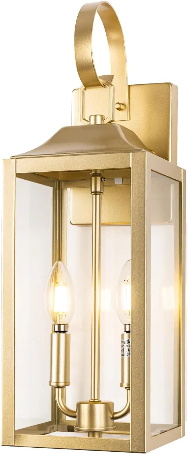 19" Gold Outdoor Wall Lantern 2-Light, Large Modern Wall Sconce Light Fixture, Industrial Porch Light with Glass, Waterproof Farmhouse Exterior Lamp (1 Pack) - ModernBath