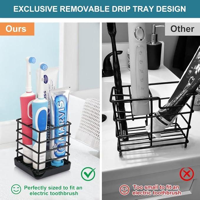 Toothbrush Holders for Bathrooms, Stainless Steel Bathroom Toothbrush Holder Kids Electric Tooth Brushing Holder Stand and Toothpaste Holder for Bathroom Accessories Organizer with Tray, Black (Small) - ModernBath
