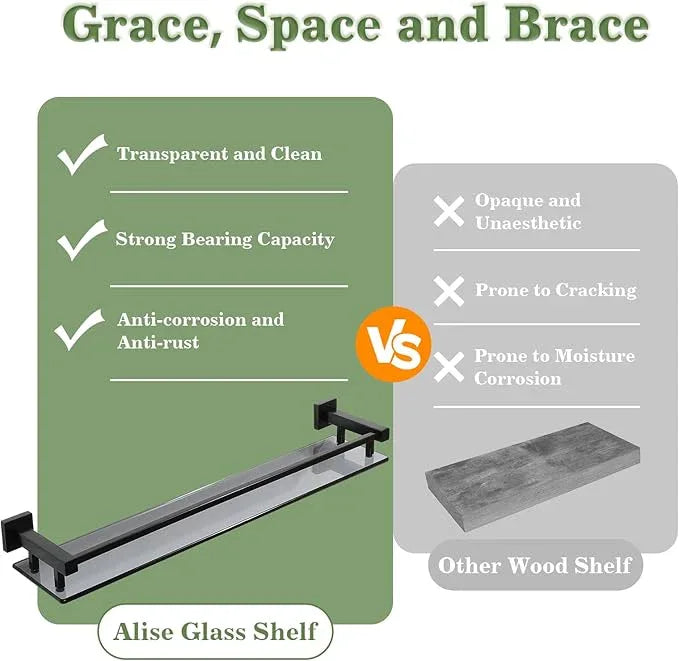 Alise Bathroom Shelf Wall Mounted, Matte Black Large Capacity Glass Shelf for Bathroom, 24 inch - ModernBath