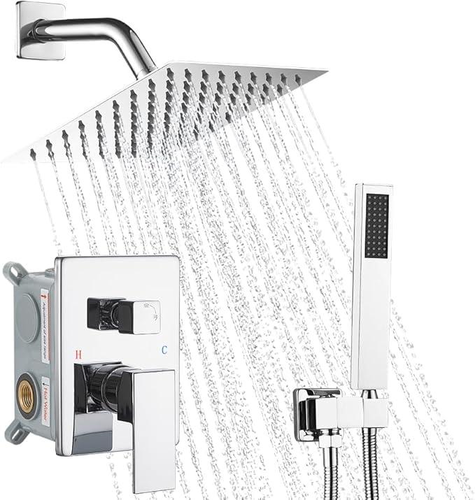 YCAIKOI Chrome Shower System, 8 Inch High Pressure Rain Shower with Handheld, Wall Mount Shower Faucet Set for Bathroom, Rough-in Valve Body and Trim Included - ModernBath