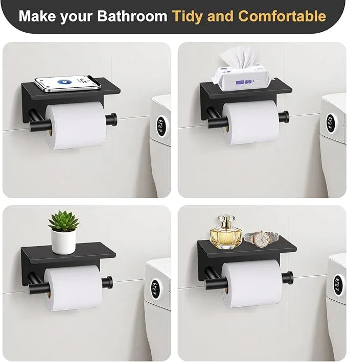 Black and Gold Bathroom Hardware Set, 5 Pieces Towel Bar Bathroom Accessories, Upgraded Toilet Paper Holder with Shelf Set, 23.6 Inch Towel Rack Towel Holder for Bathroom Wall - ModernBath