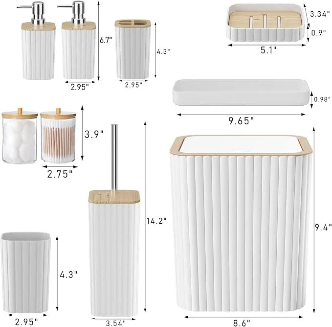 XLHOMO Bathroom Accessories Set - Elegant White Bathroom Set, 10PC Bathroom Accessory Set, Toilet Brush, Trash Can, Qtip Holder Dispenser & Soap Dispenser - ModernBath