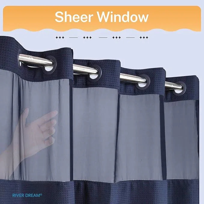 River Dream Heavyweight No Hooks Required Dotted Waffle Weave Shower Curtain with Snap in Liner -Extra Long 71W x 86H,Hotel Grade,Spa Like Bath Curtain,Navy - ModernBath