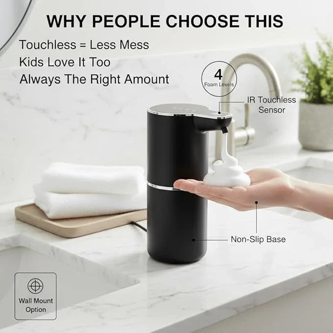 TOSCARA Auto Sensor Foam Soap Dispenser – Touchless, Rechargeable, Hands-Free Liquid Foaming Soap Dispenser for Kitchen, Bathroom, Office,Hotel–Hygienic No-Touch Hand Wash with 4- Foam Modes (Black) - ModernBath