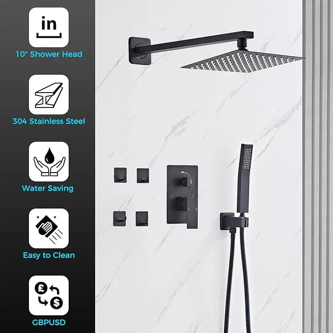 10" Matte Black Rainfall Shower Faucet Set with Rain Shower Head & Handle Set, Wall-Mounted Shower System, Full Metal Trim, Includes Shower Valve Complete Shower Kit - ModernBath