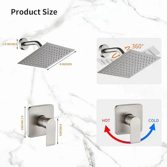 Brushed Nickel Shower Faucet Single Function Trim Kit with Rough-in Valve Set Bath Rainfall Shower System 8inch Square Stainless Steel Metal Shower Head - ModernBath