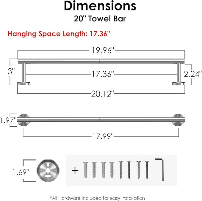 FORIOUS Towel Bar Wall Mounted, Stainless Steel Towel Racks for Bathroom 18 Inch, Includes Wall Mounting Hardware (Brushed Nickel, Total Length 20 Inch) - ModernBath