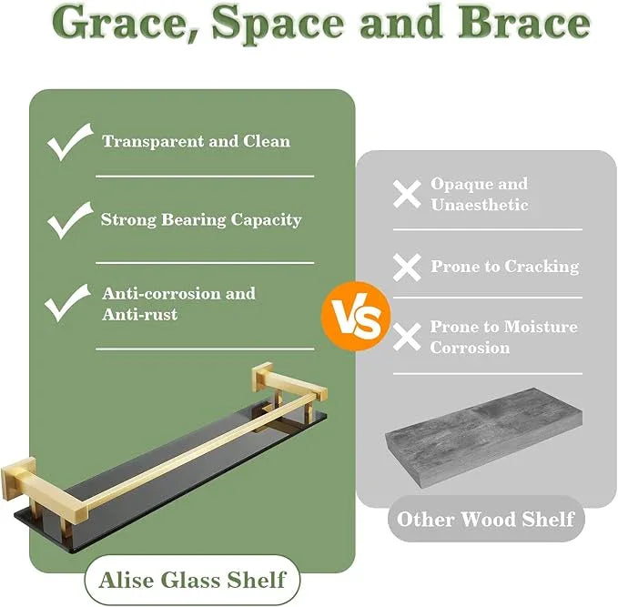 Alise Bathroom Glass Shelf with Stainless Steel Railing, Gold Small Tempered Glass Floating Wall Shelf Over The Toilet, 16 inch - ModernBath