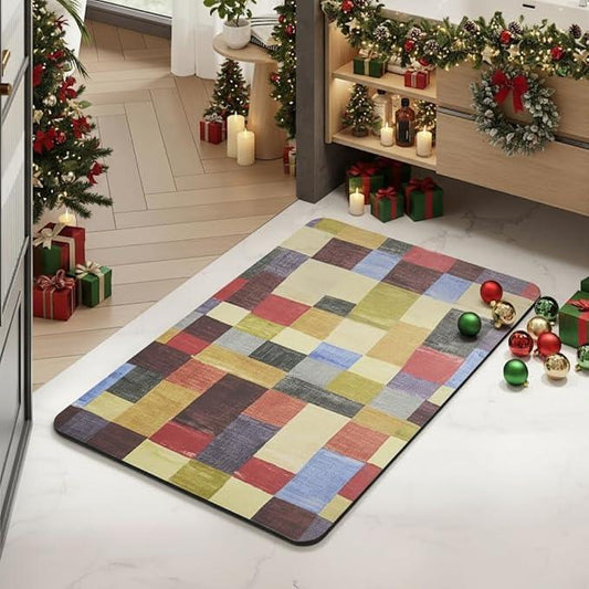 MontVoo -Bath Mat-Non Slip Thin Bathroom Rugs Fit Under Door- Quick Dry Absorbent Faux Suede Surface Grey Bathroom Floor Mats-Shower Rug for in Front of Bathtub Shower Retro Colors Plaid 17x27.5 - ModernBath