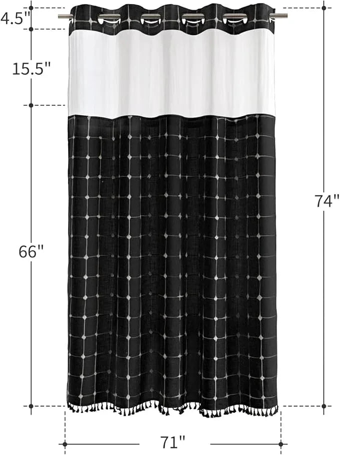 Farmhouse Shower Curtain with Snap-in Liner, No Hooks Needed Fabric Shower Curtains with Tassels for Rustic Bathroom Decor, with Window,with Magnets,Water Repellent&Machine Washable,Black,71x74Inch - ModernBath