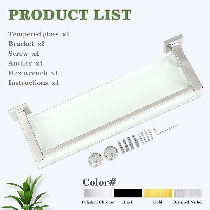 Alise Bathroom Glass Shelf with Stainless Steel Railing, Polished Chrome Small Tempered Glass Floating Wall Shelf Over The Toilet, 16 inch - ModernBath