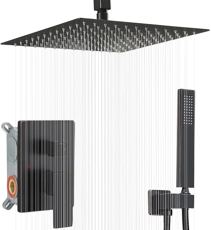 JingGang 16 Inch Ceiling Mount Oil Rubbed Bronze Shower System Bathroom Luxury Rain Mixer Shower Combo Set Ceiling Rainfall Shower Head System (Contain Shower Faucet Rough-in Valve Body and Trim Kit) - ModernBath