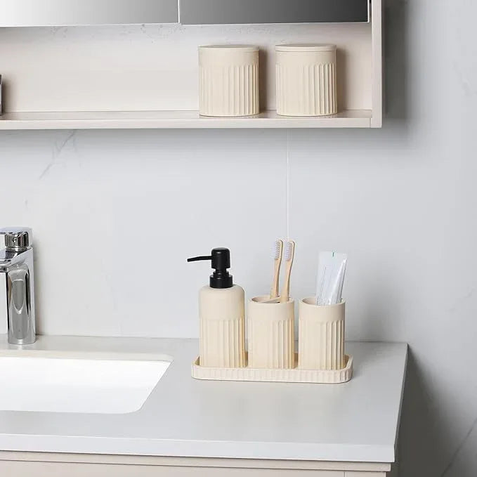 INIUNIK Bathroom Accessory Set - 6 Pieces Bathroom Accessories Set Complete with Soap Dispenser, Toothbrush Holders, Tumbler, Vanity Tray and 2 Qtip Holder for Home Organizer and Decor, Beige - ModernBath