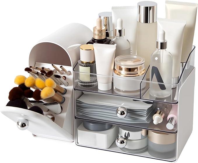 Makeup Organizer with Brush Holder for Vanity, Large Cosmetic Display Cases with 2 Drawers, Skincare Organizer for Bathroom Countertop, White - ModernBath