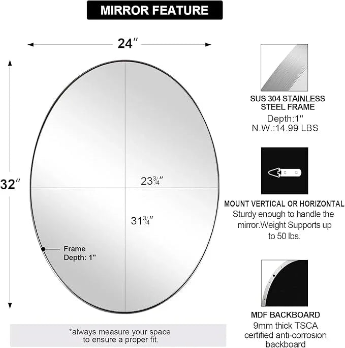 ANDY STAR Brushed Nickel Mirror Bathroom, 24x32 Inch Brushed Nickel Oval Mirror, Stainless Steel Metal Frame Oval Vanity Mirrors Hangs Horizontal or Vertical, Modern Style for Home - ModernBath