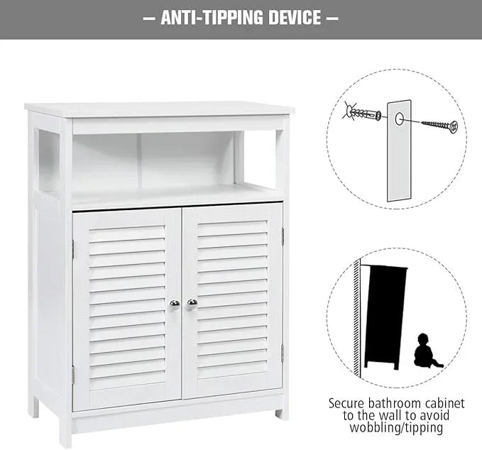 Tangkula Bathroom Floor Cabinet, Wooden Freestanding Storage Cabinet with Double Shutter Door & Adjustable Shelf, Storage Cabinet for Bathroom Living Room (White) - ModernBath