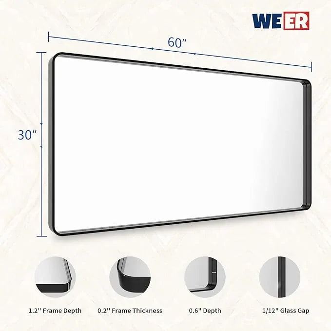 WEER Black Bathroom Mirror for Wall 60X30 Inch, Rectangular Black Metal Framed Vanity Mirror, Farmhouse Matte Black Mirror with Tempered Glass, Rounded Corner, Anti-Rust (Horizontal/Vertical) - ModernBath