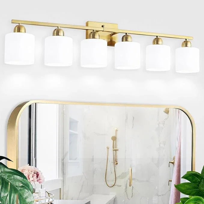6 Light Gold Bathroom Vanity Light for Large Mirror, Gold Vanity Lights for Bathroom with Milky White Frosted Glass Shades, 38 inch Wall Lamp for Mirrors Living Room E26 Base - ModernBath