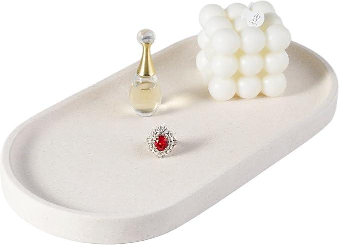 Koville Creamy White Marble Tray for Bathroom, 12"x6" Natural Luxury Marble Vanity Tray for Home Decor Countertop, Stone Oval Trays for Perfume & Jewelry Organizer, Stone Storage Trays - ModernBath