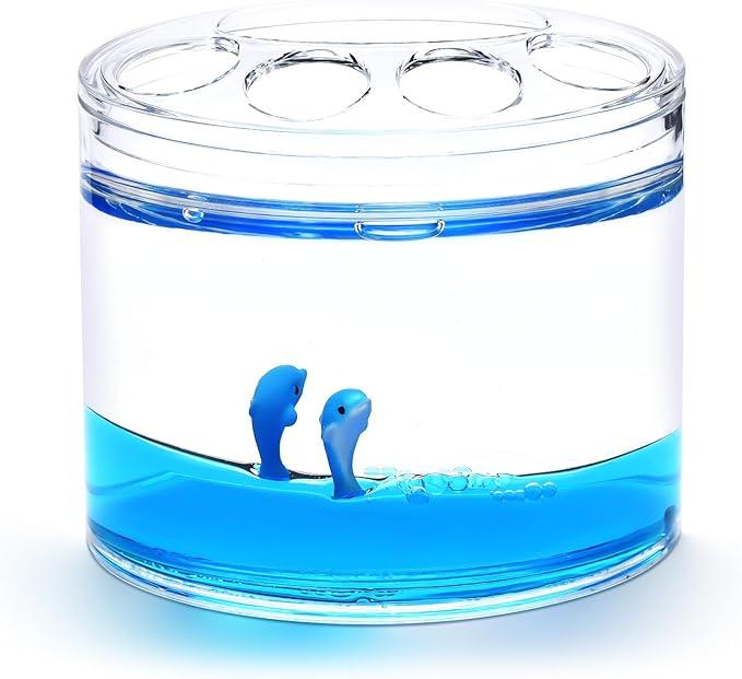 Locco Decor 4 Piece Acrylic Liquid 3D Floating Motion Bathroom Vanity Accessory Set Ocean Cartoon Animal Theme Dolphin Toothbrush Holder, Tumbler, Soap Dispenser, Soap Dis - ModernBath