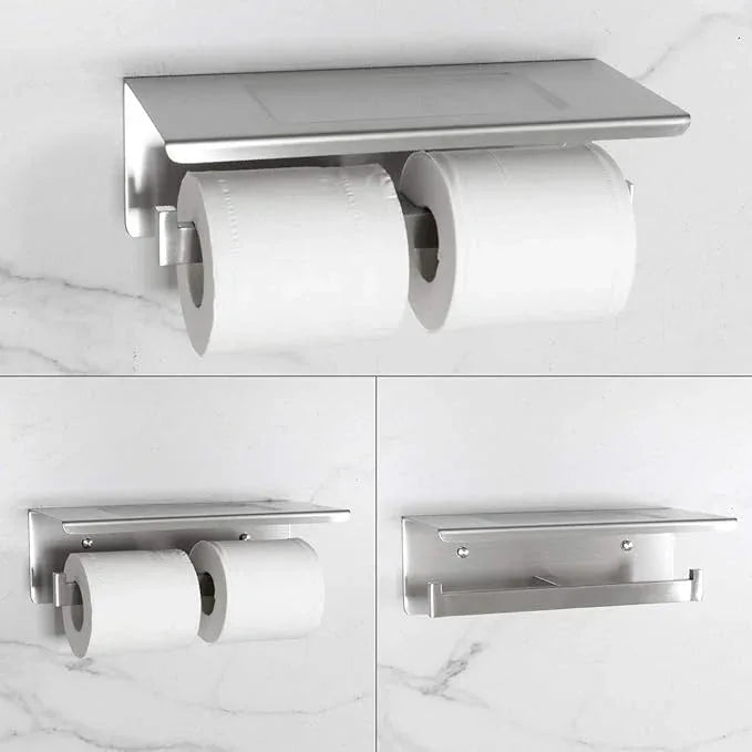 Bathroom Toilet Paper Holder with Shelf, Stainless Steel Double Roll Toilet Tissue Holder Dual Wall Mounted for Mobile Phone Storage, Brushed Finish - ModernBath
