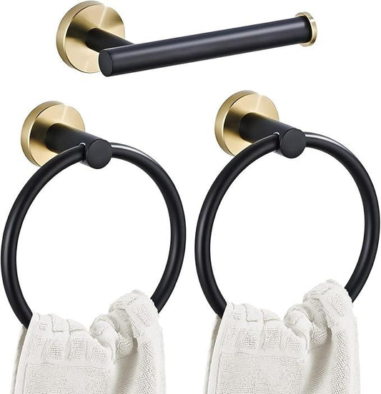 Bathroom Hardware Set 3 Piece Black&Gold Wall Mounted Stainless Steel Hardware Towel Bar Set Gold Bathroom Accessories Towel Rack Set Kit Includes 2 Hand Towel Ring, Toilet Paper Holder - ModernBath