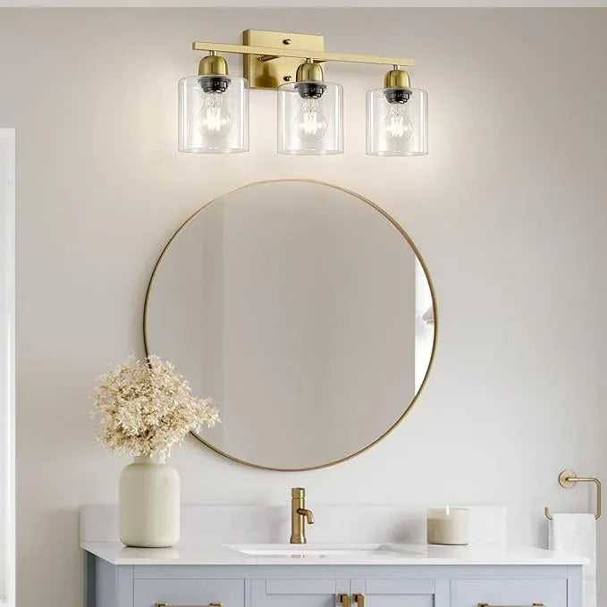FAISHILAN Modern Brushed Gold 3 Light Bathroom Light Fixtures, 19 inch Vanity Lights for Bathroom with Clear Glass, Bathroom Lighting Fixtures Over Mirror for Mirror Kitchen Living Room - ModernBath