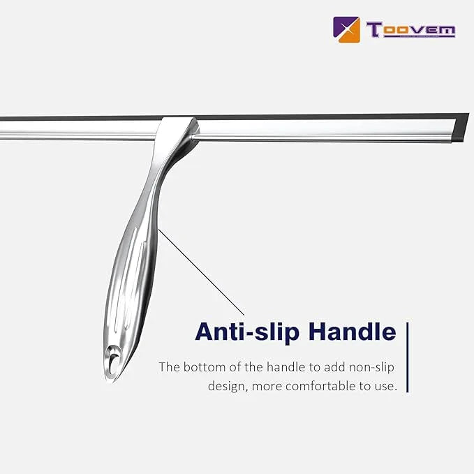 TOOVEM 14 Inch Shower Squeegee for Glass Doors, Window, Bathroom, Car Windshield, Shower Cleaning Tools with S Hook, Square Sticky Hook (Silver) - ModernBath