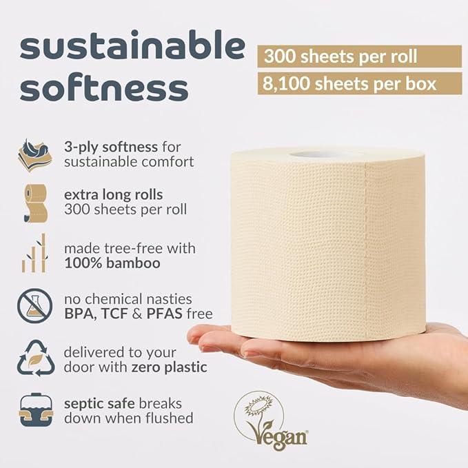 Bumboo Bamboo Toilet Roll 24 Pack | Unbleached Toilet Paper 3 ply, 300 Sheets | Eco Toilet Rolls | Plastic-Free, Soft, Strong & Sustainable Toilet Tissue, Beige - ModernBath
