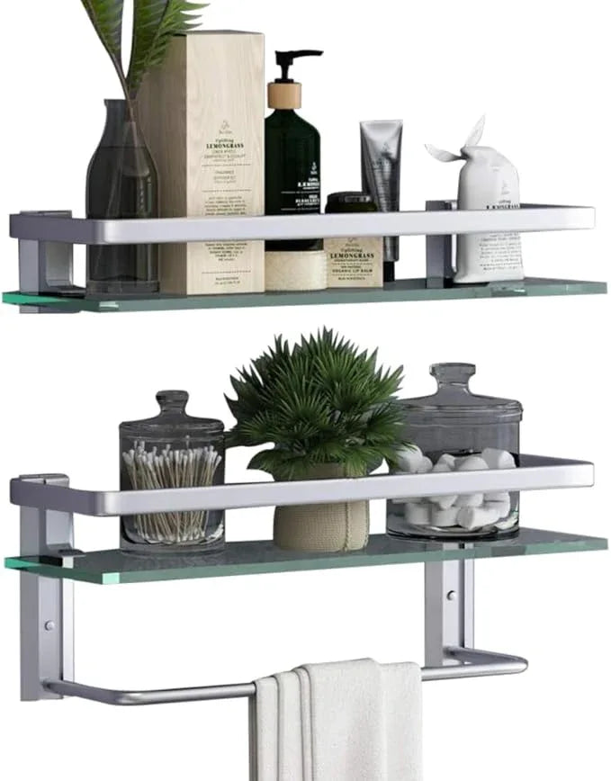 VOLPONE Glass Bathroom Shelf 15.7in Bathroom Shelf Wall Mounted Floating Glass Shelves with Towel Holder Glass Shelf for Bathroom 2 Tier (Sliver) - ModernBath