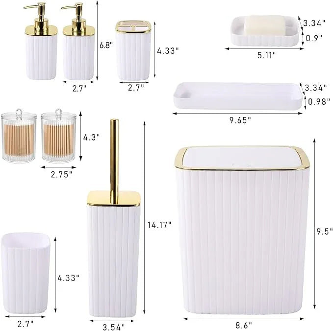 XLHOMO Bathroom Accessories Set - Gorgeous Bathroom Set, 10PC White Bathroom Accessory Set, Toilet Brush, Trash Can, Qtip Holder Dispenser & Soap Dispenser - ModernBath