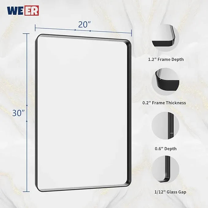 WEER Black Bathroom Mirror 20X30 Inch, Rectangular Matte Black Metal Framed Vanity Mirror, Farmhouse Bathroom Mirror with Tempered Glass, Rounded Corner, Anti-Rust (Horizontal/Vertical) - ModernBath