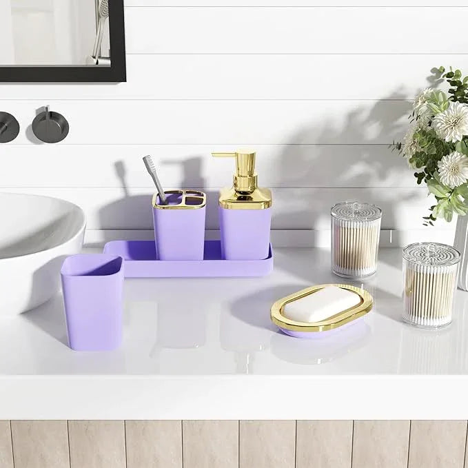 XLHOMO Bathroom Accessories Set - 25PC Bathroom Set with Shower Curtain and Rugs, Purple Bathroom Set, Bathroom Accessory Set with Press-on Lid Trash Can, Soap Dispenser and Qtip Holders - ModernBath