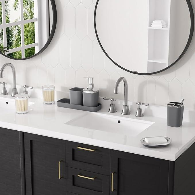 XLHOMO Grey Bathroom Accessories Sets Complete, 9-Piece Bathroom Accessories with Trash Can, Vanity Tray, Soap Dispenser, Soap Dish, Toothbrush Holder, Toothbrush Cup, Toilet Brush and Qtip Holders - ModernBath