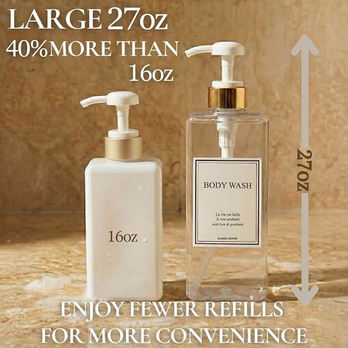 Modern Gold Design Shampoo and Conditioner Dispenser, Large 27oz Shower Soap Dispenser, Set of 3 Refillable Empty Plastic Pump Bottles for Bathroom, 6 Waterproof Labels Included, (Clear & White) - ModernBath