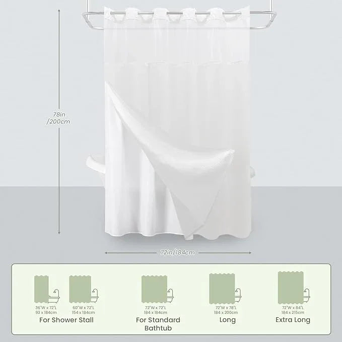 Inhousolu Long No Hook Shower Curtain with Snap in Fabric Liner Set Waffle Weave 230GSM Weighted Hem, Waterproof & Washable Bathroom Curtain Spa Luxury with Mesh Top Window 72" W x 78" L White - ModernBath