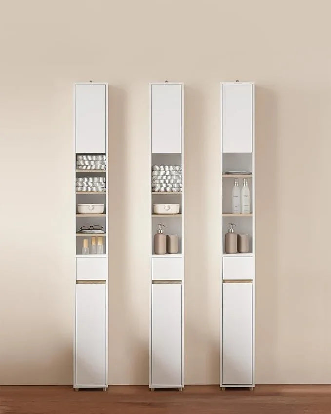 SoBuy Bathroom Narrow Storage Cabinet Skinny Tall Unit with Adjustable Shelves Slender Anti-Tipping Floor Standing Cupboard, White & Natural BZR34-WN - ModernBath