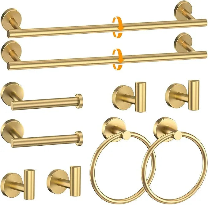 Brushed Gold Towel Bar Set 10 Pieces Round Bathroom Hardware Set Includes 23.6in Towel Bar Towel Ring Toilet Paper Holder Towel Hooks Stainless Steel Wall-Mounted Bathroom Towel Holder Set - ModernBath