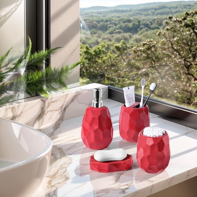 Ceramic Bathroom Accessories Set 4 PCS,Bathroom Toothbrush Holder Set,Soap and Toothbrush Holder Set,Include Toothbrush Holder,Soap Dispenser,Tumbler,Soap Dish,Bathroom Sets Decor Organizer (Red) - ModernBath