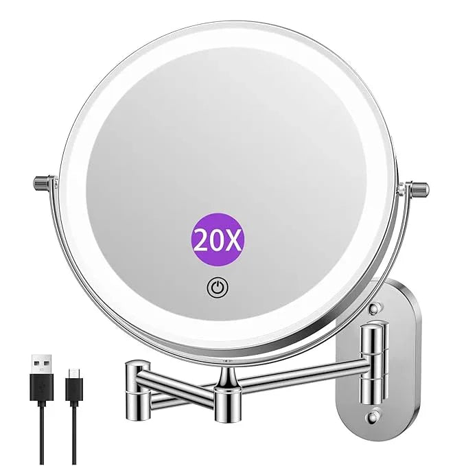 FUNTOUCH 2500mAh Rechargeable Wall Mounted Lighted Makeup Vanity Mirror 8 Inch Double Sided 1X 20X Magnifying Bathroom Mirror, 3 Color Lighting, Touch Dimming, Extended Arm 360° Light up Mirror - ModernBath