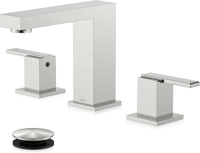 KENES Brushed Nickel Widespread Bathroom Faucet 2 Handle Bathroom Sink Faucet 3 Hole, 8-Inch 3 Pieces Vanity Faucet with Pop Up Drain & Supply Lines, KE-9050-P - ModernBath