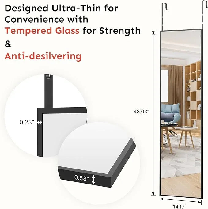 Kosmonia 48x14 Inch Full Length Tempered Glass Door Mirror - Over The Door Hanging, No Drill Installation, Suitable for Bedroom & Closet, Sturdy Hanging Design - ModernBath