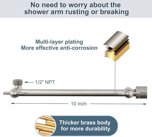 BRIGHT SHOWERS Brass Shower Head Extension Arm for Rain and Handheld Shower Head, 10 Inch Universal Shower Arm Extender, Height & Angle Adjustable, Brushed Nickel