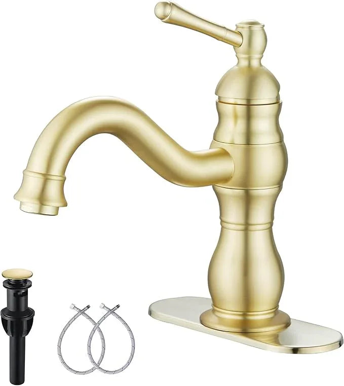 Bathroom Faucet Brushed Gold GGStudy 360° Swivel Bathroom Vanity Faucet Single Handle One Hole Bathroom Sink Faucet Basin Matching Pop Up Drain with Overflow - ModernBath