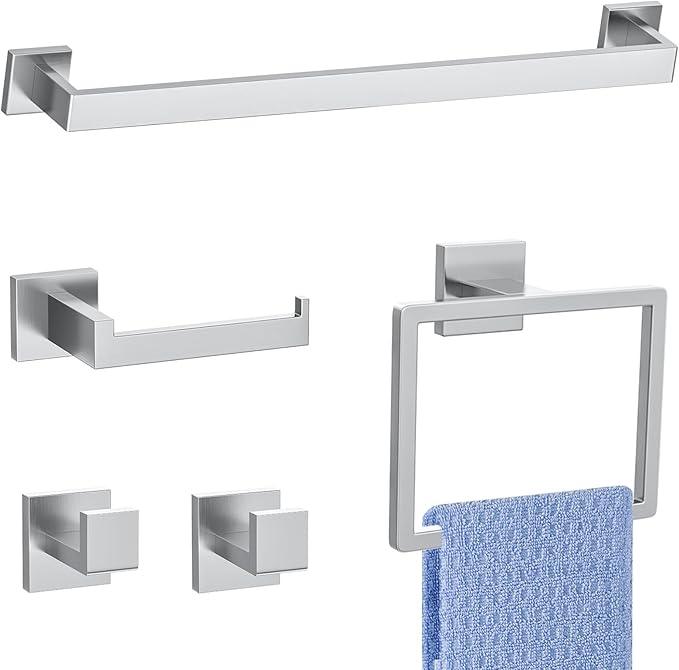 5 Pieces Brushed Nickel Towel Bar Set Bathroom Hardware Accessories Set Include 23.6 Inch Towel Bar Toilet Paper Holder Towel Ring Coat Hooks SUS304 Stainless Steel Wall Mounted Towel Holder Set - ModernBath